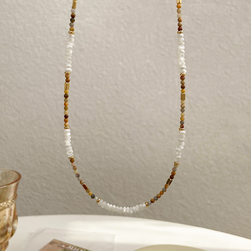 Minimalist Vintage Mother-of-Pearl & Natural Stone Beaded Necklace