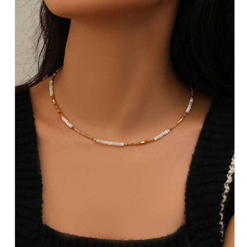 Minimalist Vintage Mother-of-Pearl & Natural Stone Beaded Necklace