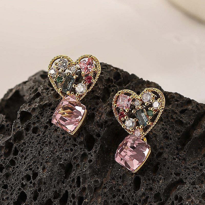 Vintage Heart Zircon Earrings with 925 Silver Post – Trendy and Elegant Design