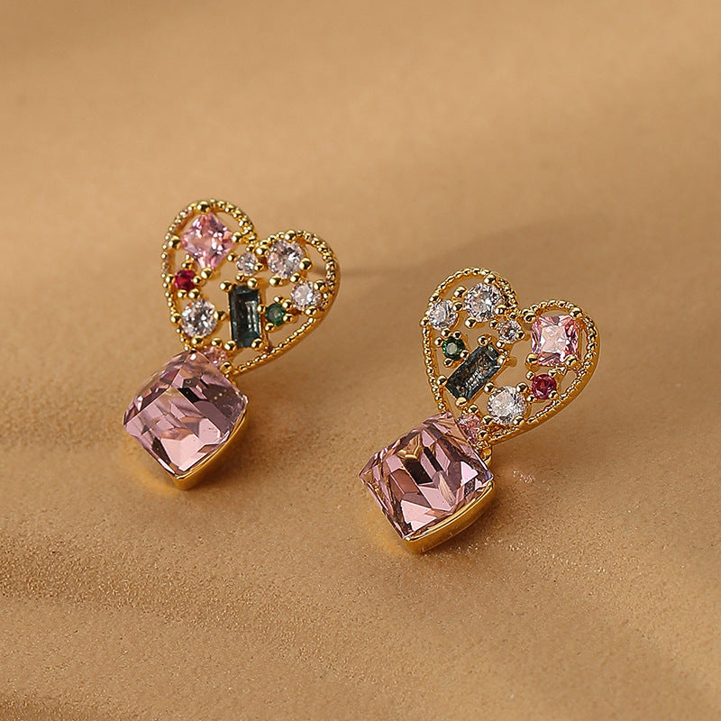 Vintage Heart Zircon Earrings with 925 Silver Post – Trendy and Elegant Design