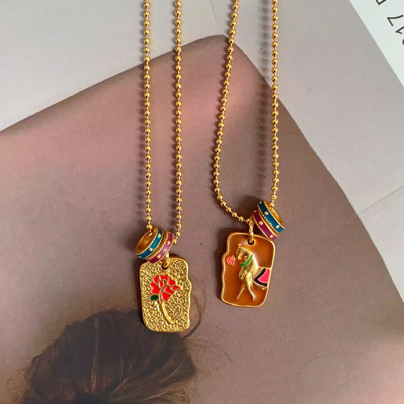 French Dual-Sided Enamel Floral Necklace