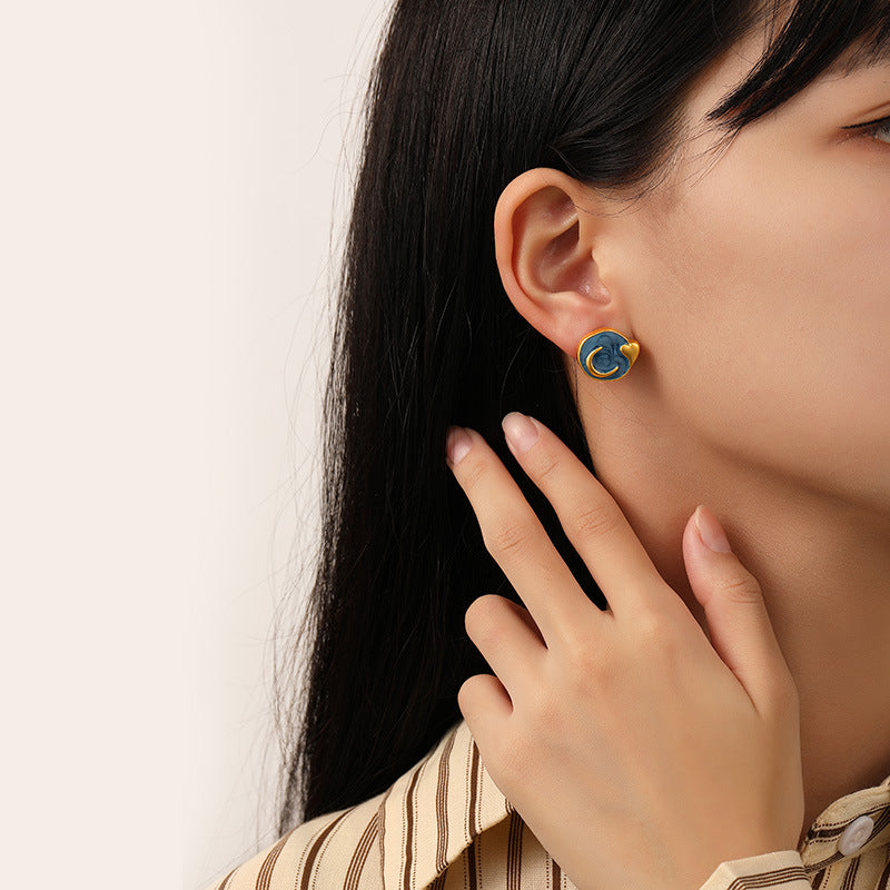 French Vintage Matte Enamel 925 Sun & Moon Heart Stud Earrings – Elegant Luxury
