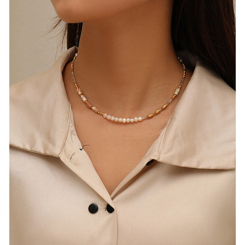 French Vacation Pearl & Stone Necklace – Elegant and Versatile