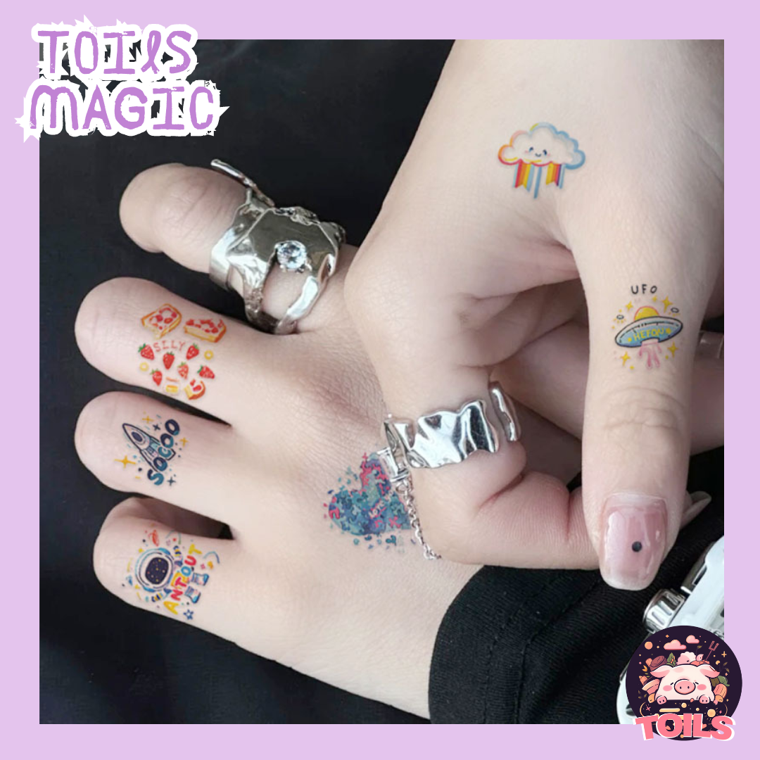 TOILS MAGIC Collection - Splash of Fun with Whimsical Tattoo Stickers 🍰🍓🌈🛸